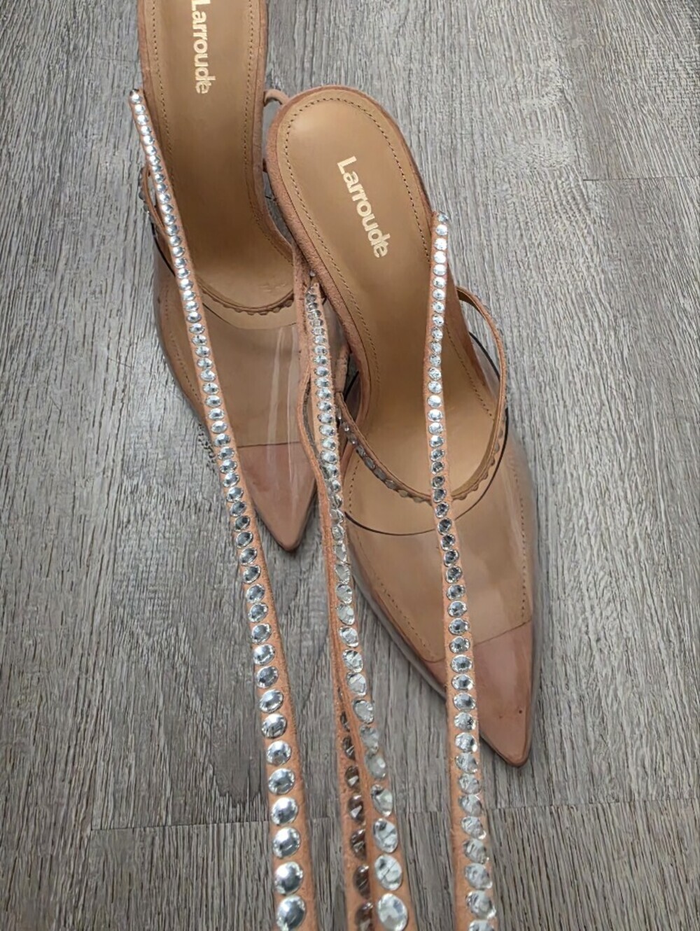 Larroude The Kim Gemstone Lace-Up Pointed Toe Heels in Clear/Tan/Silver Sz 7 - Picture 8 of 11